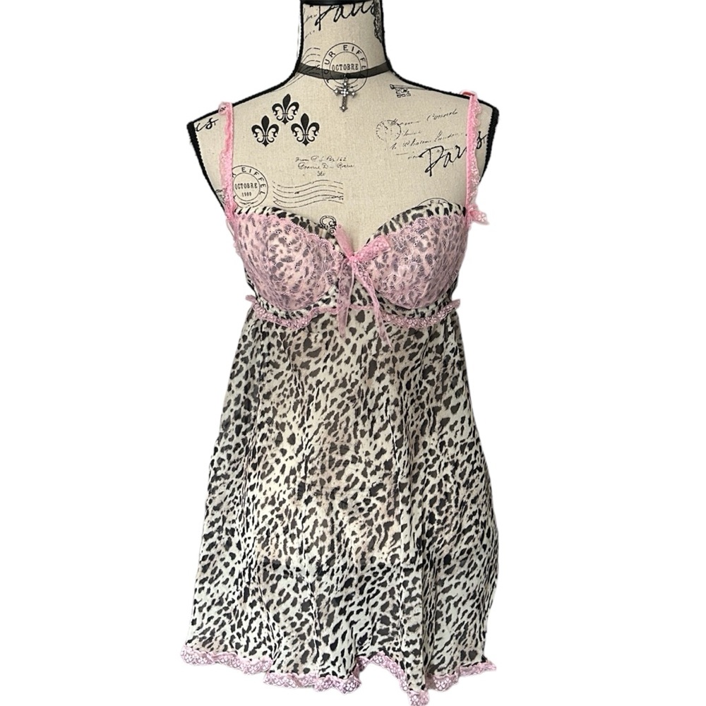 Y2K or Gyaru La Senza Cheetah Print and Pink Lace Trim Mesh Slip Mini Dress - Picture 2 of 8